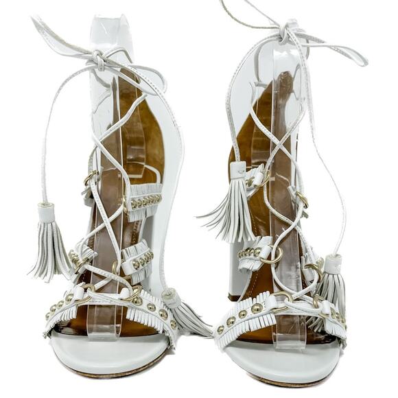 Aquazzura White Tulum Fringed Leather Studded Gladiator Sandal size 37.5 - Picture 3 of 12